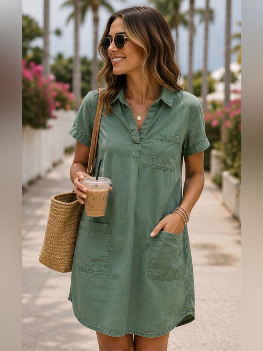 Magellan Outdoors Green Lyocell Shirt Dress Small Utility Pocket Casual Travel